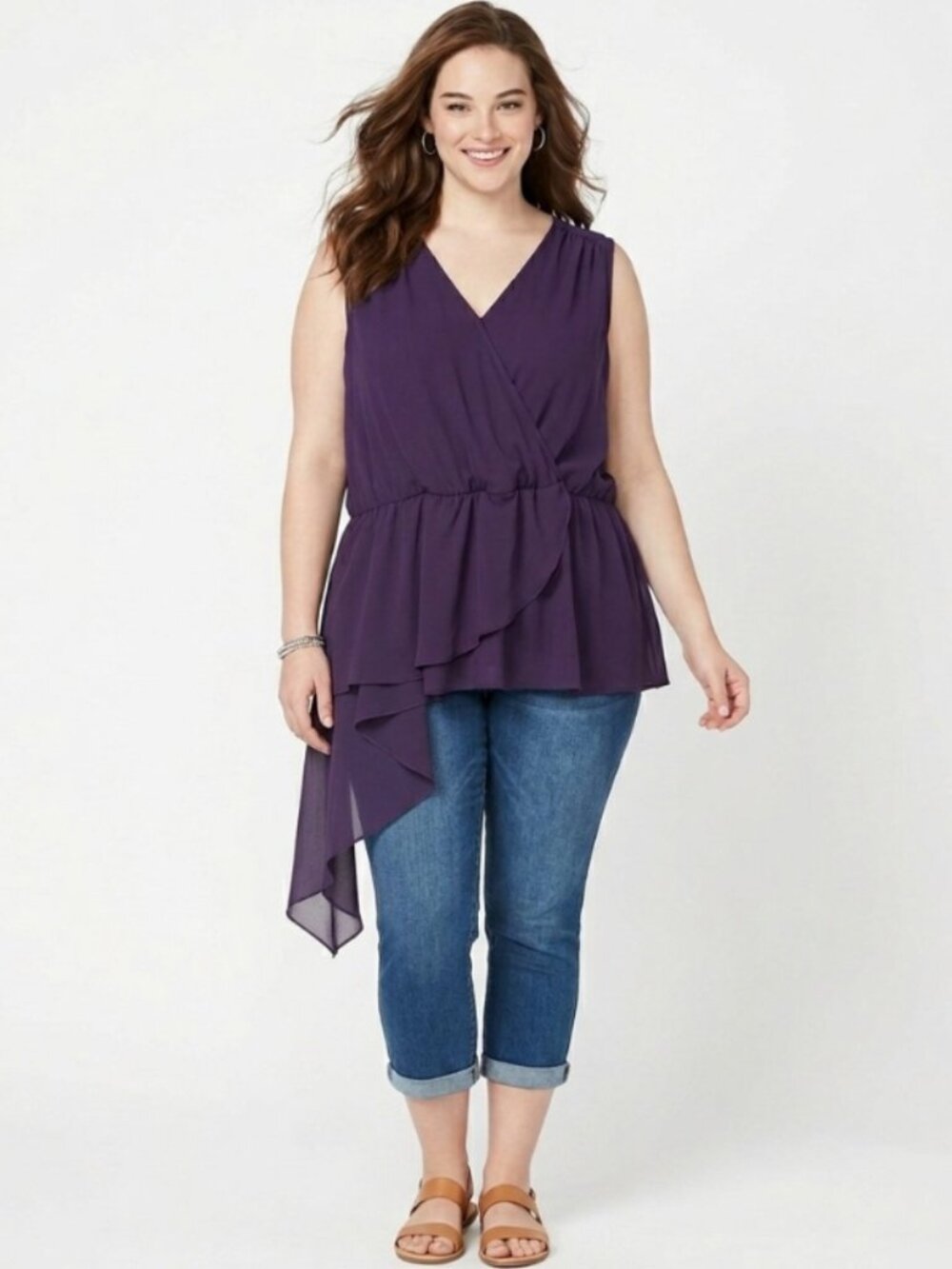 Melissa McCarthy Purple Faux Wrap Sleeveless Blouse 2X
